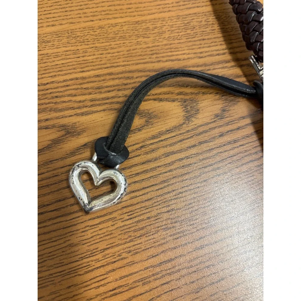 Brighton Leather Shoulder Bag Black Brown Braided Strap Silver Heart Fob Hobo